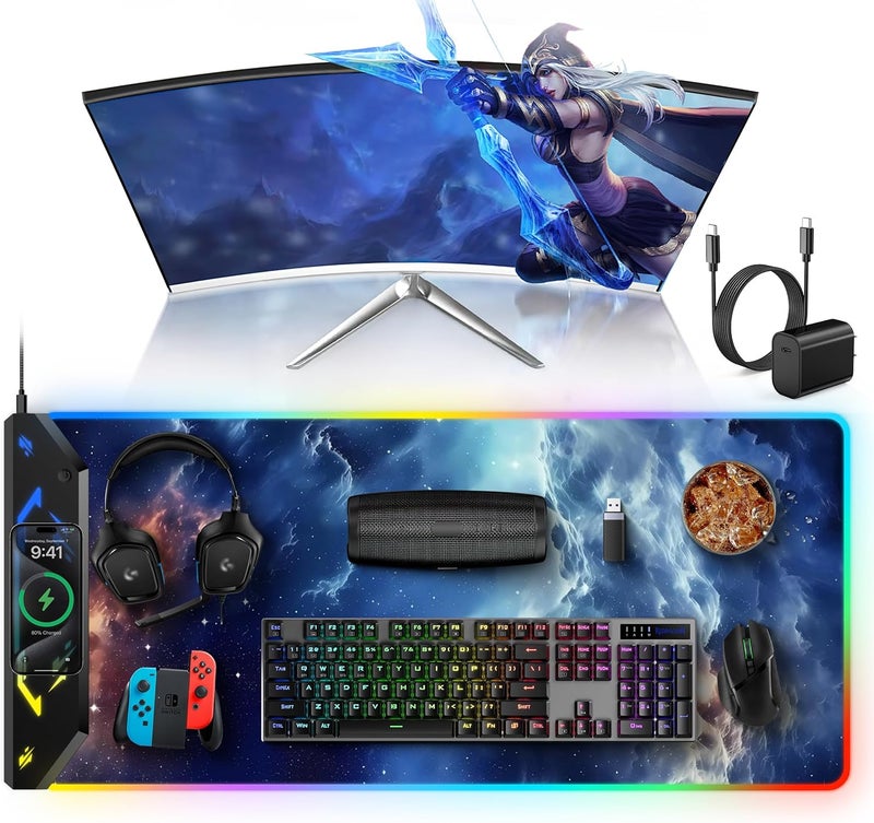 TopMade Wireless Charging Mouse Pad, RGB Gaming Mousepad, 35.4" x 15.8" Extra Large Waterproof Keyboard Desk Pad, Computer Desk Mat, Blue Nebula (Includes 20W PD Power Adapter & 6.56ft Woven Cable) - Image 1